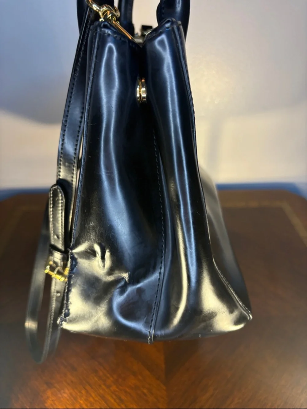 Ralph Lauren Black Patent Leather Tote Bag with Gold Hardware